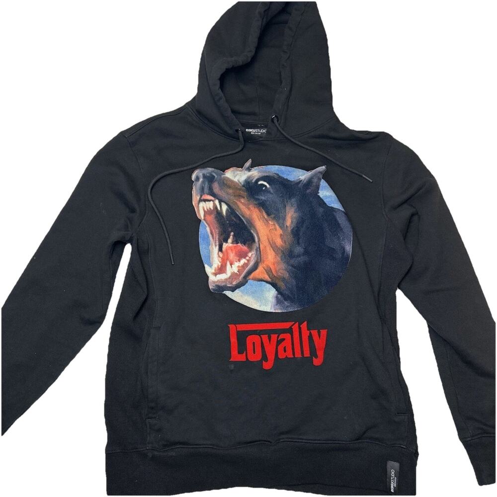 ROKU Studio Loyalty Hoodie Men’s Small Black Dog Graphic Pullover Sweatshirt